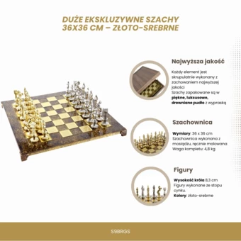 Duże Ekskluzywne Szachy – 36x36 cm – Złoto-srebrne -  Renesans S9BRGS (NMT-320820)