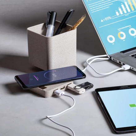 Wheat straw wireless charger 5W, USB hub 2.0, pen holder, phone stand (NAX-V0116-00)