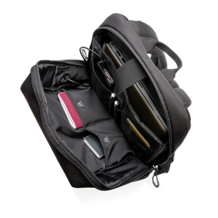 This stylish carry-on laptop backpack is intended for business and leisure trips. It’s designed with a padded 15.6