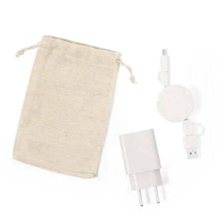 Wheat straw charging travel set, retractable charging and synchronization cable, wall charger, cotton pouch (NAX-V1355-00)