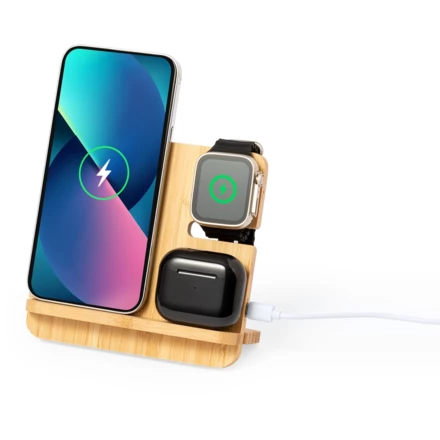 Bamboo wireless charger 15W, 3 in 1, phone stand (NAX-V2022-17)