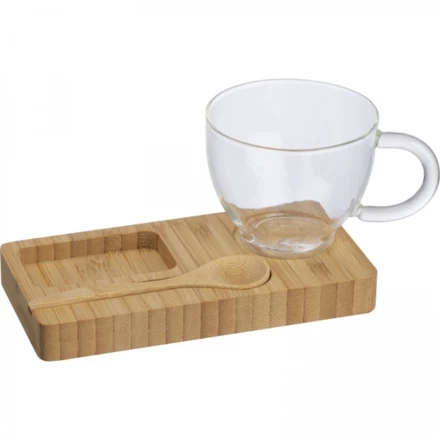 Taca z łyżeczką i szklanym kubkiem 150 ml - beżowy - (NMC-82359-13)