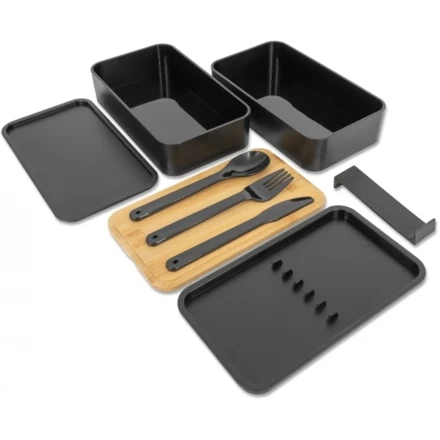 Lunch box 2x600 ml ze sztućcami PESCARA - czarny - (NEG-2531-03)