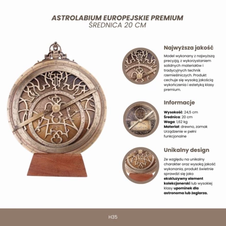 Duże Astrolabium Europejskie - średnica 20 cm - Prezent Premium dla Astronoma lub Żeglarza - H35 (NMT-322534)