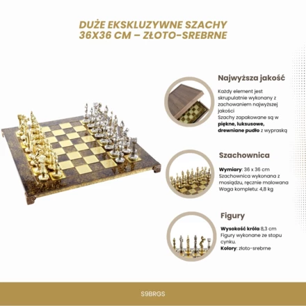 Duże Ekskluzywne Szachy – 36x36 cm – Złoto-srebrne -  Renesans S9BRGS (NMT-320820)