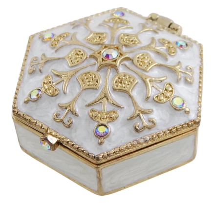 Bogato zdobione metalowe pudełeczko prezentowe z kryształkami - B0035-08WH (NMT-320882)