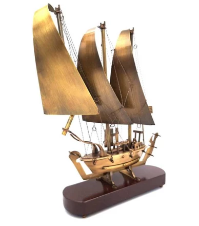 Duży Okręt mosiężny na podstawie drewnianej - 38cm - N-3615B (NMT-320769)