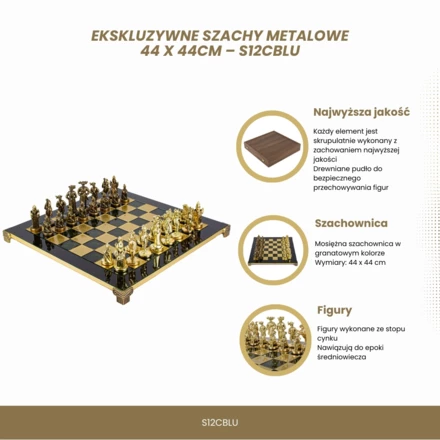 Ekskluzywne Szachy Metalowe – Mosiężna Szachownica 44 x 44cm – Średniowiecze – S12CBLU (NMT-322077)