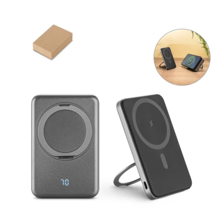 WARSHEL 5. Magnetyczny power bank 5'000 mAh z superszybką ładowarką bezprzewodową 15 W z recyklingowanego ABS (100% rABS) z podstawką (NPS-97142-133)