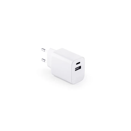 WEGENER. Zasilacz z portem USB-A 18W i USB-C 20W wykonany w ABS pochodzącego z recyklingu (100% rABS) (NPS-97186-106)