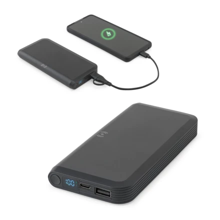 BECKER 10. Power bank o pojemności 10 000 mAh wykonany z ABS pochodzącego z recyklingu (100% rABS) z superszybką ładowarką bezprzewodową o mocy 15 W (NPS-97214-103)