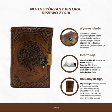 Notes Skórzany Vintage Retro 200 stron – Drzewo Życia - AH01 (NMT-322152)