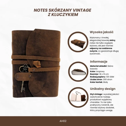 Notes Skórzany Retro z Kluczykiem i Paskiem 200 stron 18 x 13 cm - AH02 (NMT-322169)