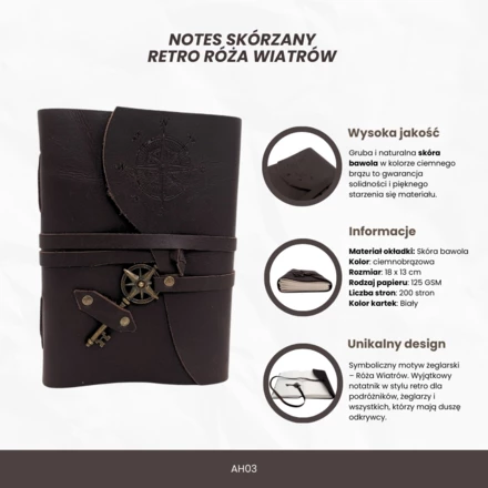 Notes Skórzany Retro Róża Wiatrów 200 stron - Prezent dla Żeglarza - AH03 (NMT-322176)