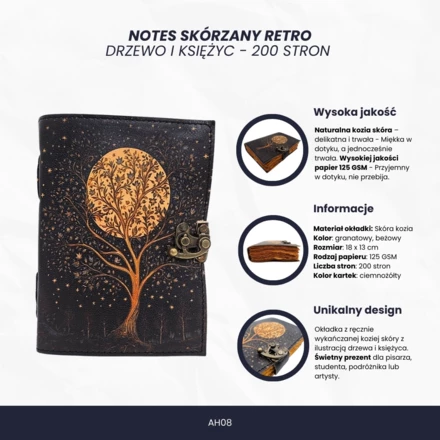 Notes Skórzany Vintage Retro Drzewo i Księżyc 200 stron – AH08 (NMT-322220)