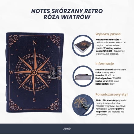 Notes Skórzany Róża Wiatrów Retro – Prezent dla żeglarza - AH09 (NMT-322237)