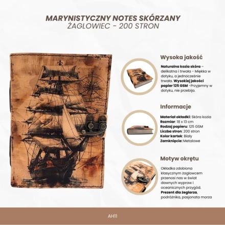 Notes Skórzany Marynistyczny Żaglowiec Retro - Prezent dla Żeglarza – AH11 (NMT-322251)