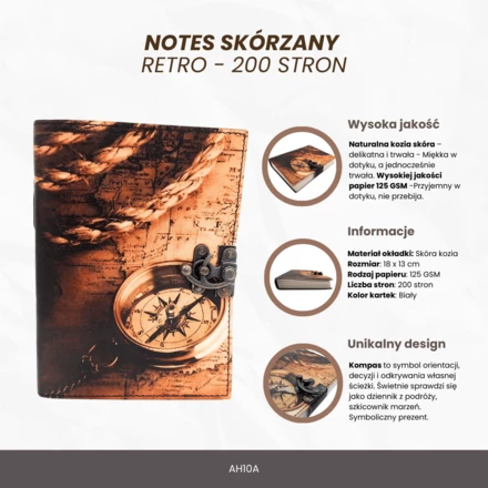 Notes Skórzany Kompas Retro Vintage 200 stron – Prezent dla Podróżnika - AH10A (NMT-322794)