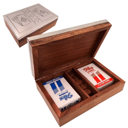 Dwie Talie Kart i Kości do Gry w Pudełku Drewnianym z Aluminiowym Topem - DC-004 (NMT-323531)