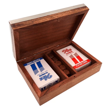 Dwie Talie Kart i Kości do Gry w Pudełku Drewnianym z Aluminiowym Topem - DC-004 (NMT-323531)