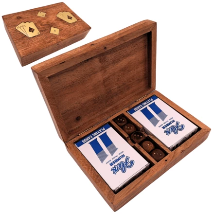 Dwie Talie Kart i Kości do Gry w Pudełku Drewnianym - DNU-2790 (NMT-323562)