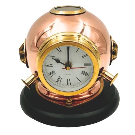 Zegar Biurkowy Hełm Nurka z Kompasem - Mosiężny na Drewnianej Podstawie – TC032 (NMT-323418)