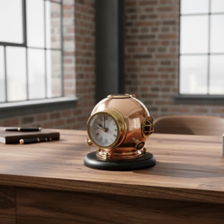 Zegar Biurkowy Hełm Nurka z Kompasem - Mosiężny na Drewnianej Podstawie – TC032 (NMT-323418)