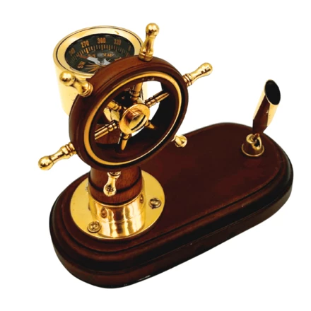 Elegancki Zestaw na Biurko Koło Sterowe i Kompas z Uchwytem na Długopis – Drewno Mosiądz – TT017 (NMT-323425)