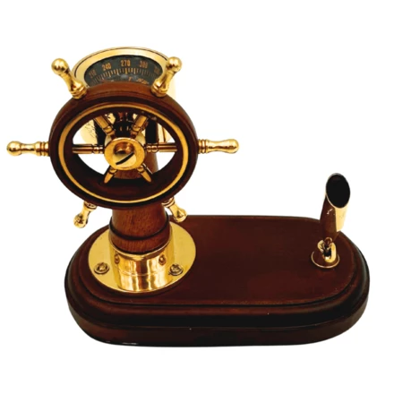 Elegancki Zestaw na Biurko Koło Sterowe i Kompas z Uchwytem na Długopis – Drewno Mosiądz – TT017 (NMT-323425)