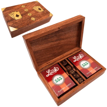 Zestaw do Gry - Dwie Talie Kart i Kości do Gry w Drewnianym Pudełku – Elegancki Prezent dla Gracza – DNU-008 (NMT-323593)
