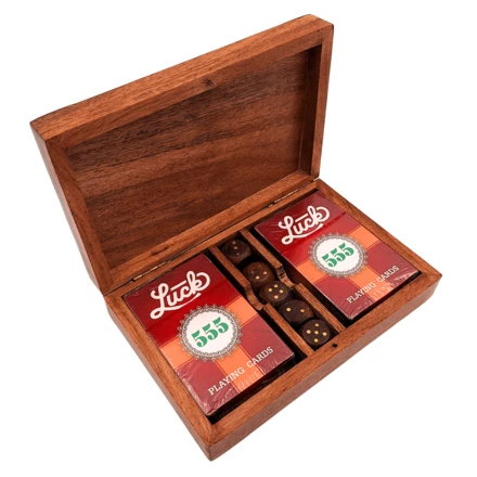 Zestaw do Gry - Dwie Talie Kart i Kości do Gry w Drewnianym Pudełku – Elegancki Prezent dla Gracza – DNU-008 (NMT-323593)