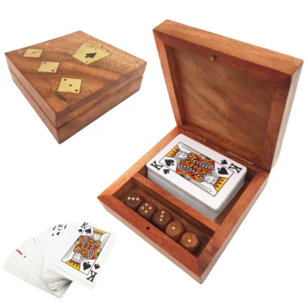 OUTLET: Elegancki Zestaw do Gry - Talia kart i kości w pudełku drewnianym - DNU-010AB (NMT-323609)