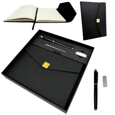 Elegancki Zestaw Prezentowy Premium – Notes A5 z Długopisem i Pendrive 16GB w Pudełku – Czarno-złoty – EE9 (NMT-323661)