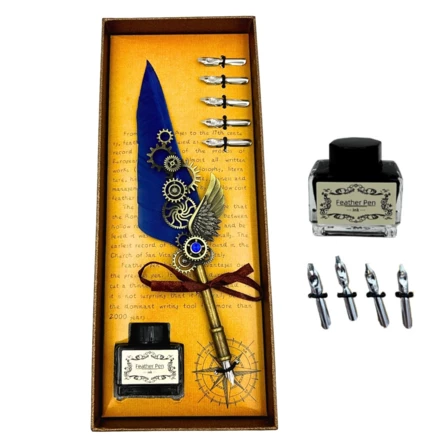 Zestaw do Kaligrafii Retro z Niebieskim Piórem Gęsim Vintage 6 Stalówek Atrament Prezent – EE11 (NMT-323623)
