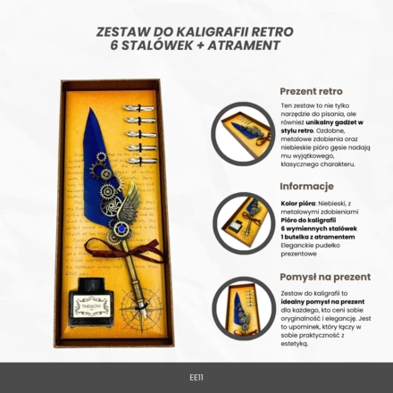 Zestaw do Kaligrafii Retro z Niebieskim Piórem Gęsim Vintage 6 Stalówek Atrament Prezent – EE11 (NMT-323623)