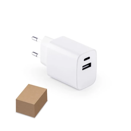 WEGENER. Zasilacz z portem USB-A 18W i USB-C 20W wykonany w ABS pochodzącego z recyklingu (100% rABS) (NPS-97186-106)