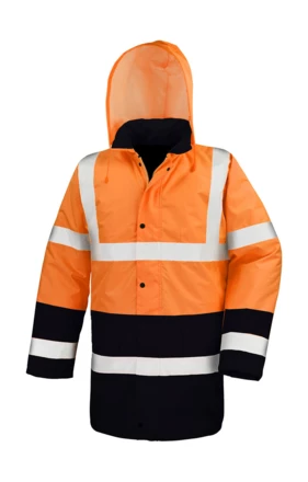 fluorescent orange, black