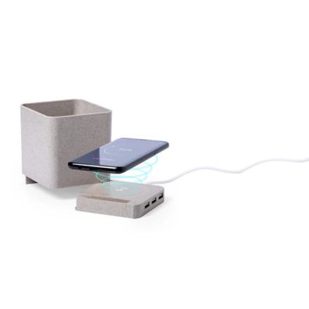 Ładowarka bezprzewodowa 5W ze słomy pszenicznej, hub USB 2.0, pojemnik na przybory do pisania, stojak na telefon (NAX-V0116-00)