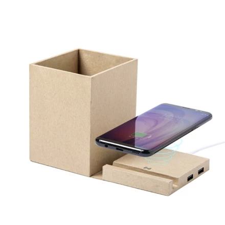 Zusammenklappbares Wireless Ladegerät 5W aus recyceltem Karton, USB 2.0-Hub, Schreibgerätehalter, Telefonständer (NAX-V0178-00)