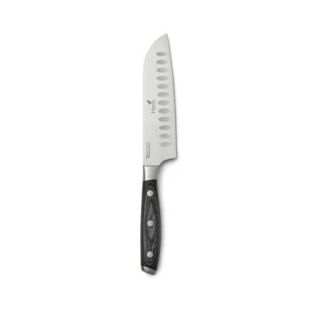Santoku knife made of X50CrMoV15 German steel with a Pakkawood handle. The easy-grip handle and superb balance in the blade makes the knife comfortable and easy to work with. Size: 14 cm blade. (NAX-VG008-32)