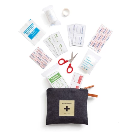 A first aid kit from our popular Asado-series. The fabric bag with a zipper contains everything you need in case of minor accidents such as band-aids, scissors, bandages, etc. Packed in a plastic bag. (NAX-VG020-03)