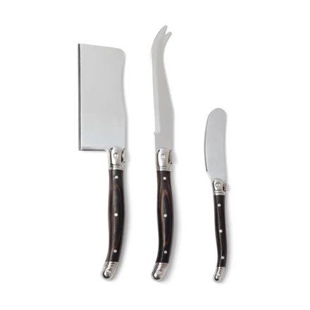 An exclusive stainless steel cheese knife set consisting of two cheese knives and a butter knife with a black pakka wood handle. Packed in an exclusive gift box. (NAX-VG021-32)