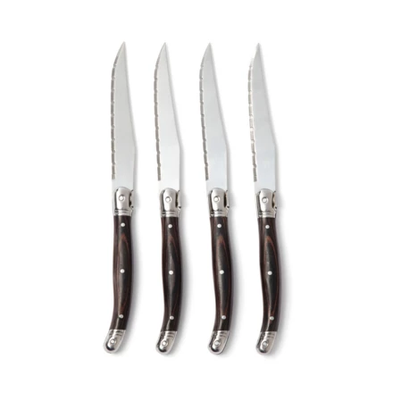 High-quality meat knives in typical French-inspired bistro style. Black pakka wood handle and high-quality stainless steel blades. The blade has a fine grating that allows you to cut through food with as little resistance as possible. A set of four k