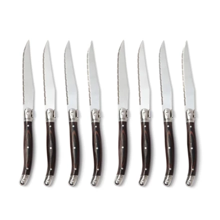 High-quality meat knives in typical French-inspired bistro style. Black pakka wood handle and high-quality stainless steel blades. The blade has a fine grating that allows you to cut through food with as little resistance as possible. A set of four k