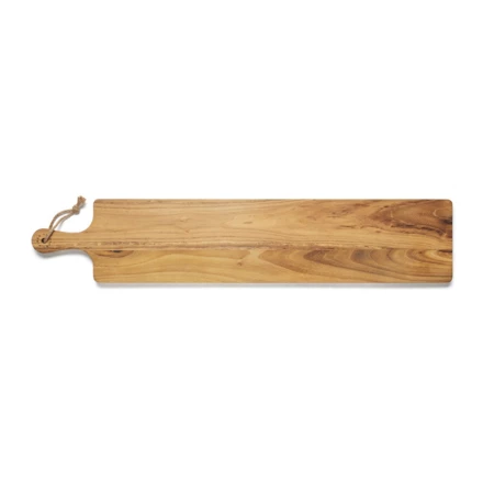 Robust and very handy cutting/serving board that thanks to its length of 75 cm and width of 15 cm has a large enough surface for being used both for cutting and serving.  The board is made of FSC-certified teak and has a beautiful golden to medium br