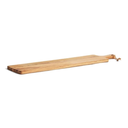 Robust and very handy cutting/serving board that thanks to its length of 75 cm and width of 15 cm has a large enough surface for being used both for cutting and serving.  The board is made of FSC-certified teak and has a beautiful golden to medium br